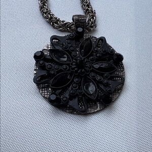 Vintage Chicos. Black jet pendant necklace Silver Textured Pendant Necklace